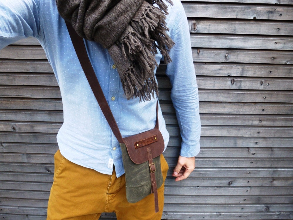 Waxed canvas day bag/small messenger bag with waxed brown leather strap,COLLECTION UNISEX