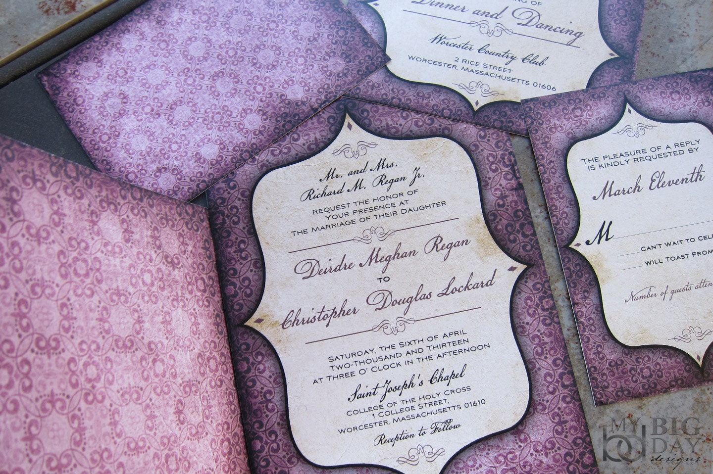 Vintage, Goth Pattern and Window Framed Wedding Invitation Set / Antique