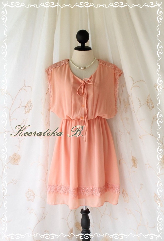 Shining After Rain - Delicate Lady Pastel Dress Coral Tangerine Color Lace Embroidered Bridesmaid Wedding Party Simply Dress S-M