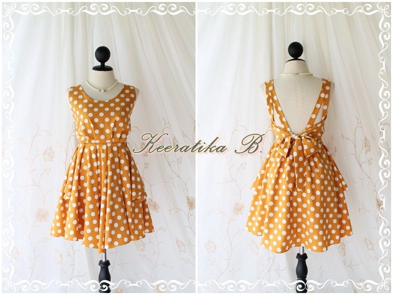A Party V Dress - Mustard / White Polka Dot Print All Over Backless Party Cocktail Prom Bridesmaid Dinner Bridal Shower Anniversary Dress