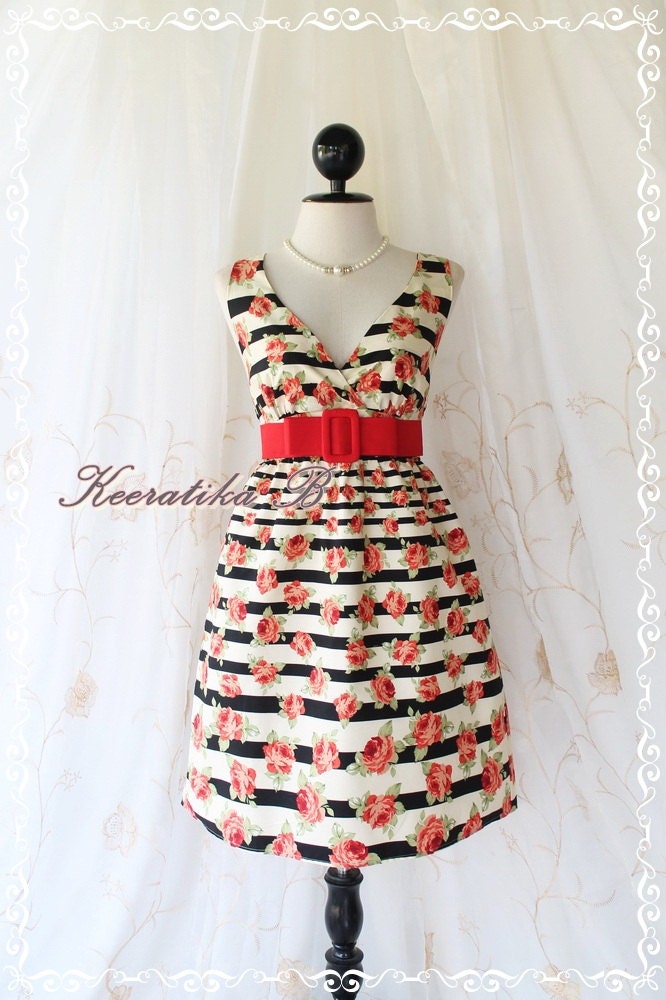 Miss Floral - Stripe And Roses Print Spring Summer Sundress Elegant Party Beach Tropical Dress S-M