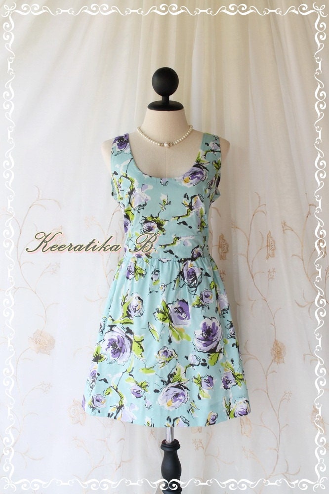 Jazzie lll - Cutie Floral Spring Summer Dress Pale Baby Blue Background With Painting Floral Print All Over Sleeveless Party Floral Dress