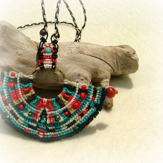 Mayan micro macrame necklace with red coral beads