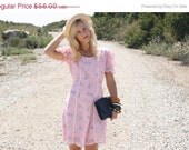 20% Off MEMORIAL DAY SALE Vtg 1960s 60s Light Pink Floral Crochet Babydoll Dress w/ Waist Tie L