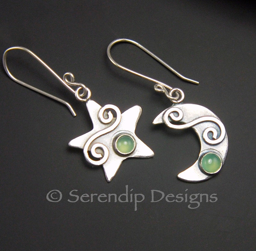 Silver Moon & Star Earrings with Chrysoprase and Spirals