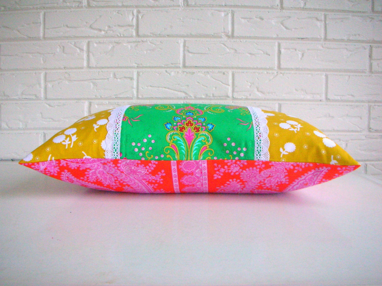 Decorative Lumbar Pillow Cover - Colorful Boho Cushion - Vibrant Bohemian Chic Pillows - Indian Inspired Mustard Orange Fuschia Green