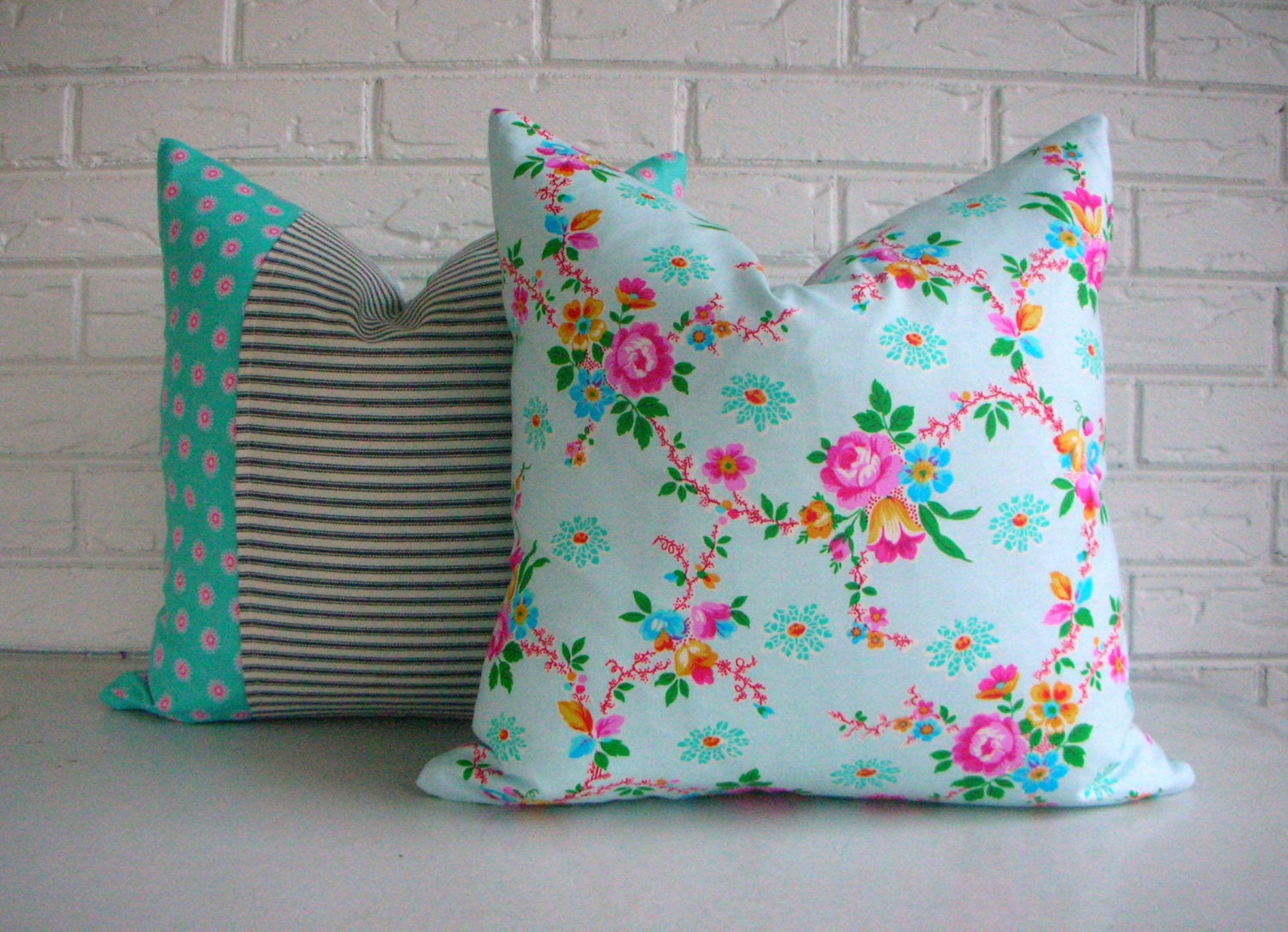 Spring Floral Pillow Cover - Soft Blue Pink Flowers - Shabby Chic Decor - Vintage Inspired