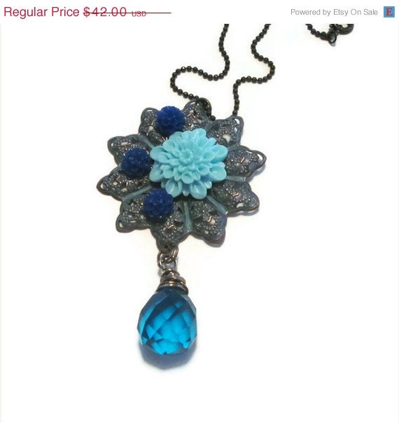 Spring Savings Sale Shabby Chic Resin Flower and Aquamarine quartz on patinaed brass pendant  TAGT