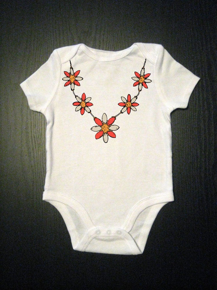 Girls Flower Retro Statement Necklace Illustration - Dress Up One Piece Baby Bodysuit - Childrens Clothing- Baby