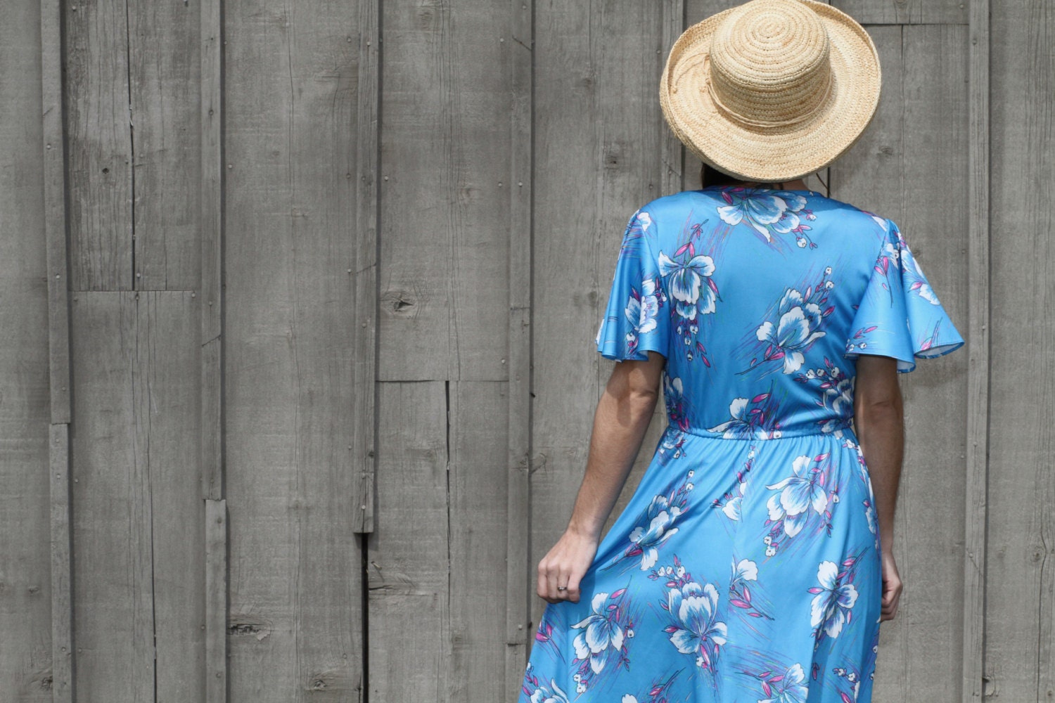 Vintage 70s Cerulean RAINBOW Floral Flouncy Sleeved Criss-Cross Surplice Bodice Disco Dancing A-Line Dress - M / L