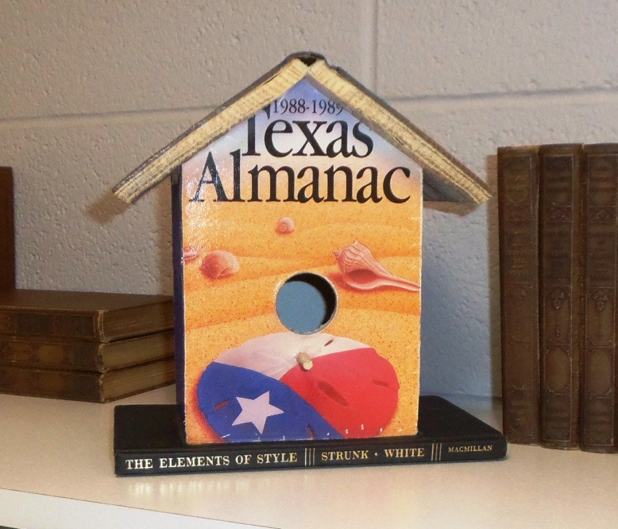 Texas Almanac Book "Bookshelf" Birdhouse made with Vintage Discarded Library Books, Altered Books, Great Gift for Birdhouse Collector