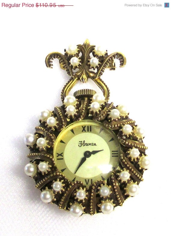 25%OFF WORKING FLORENZA Signed Watch Brooch With Faux Pearls