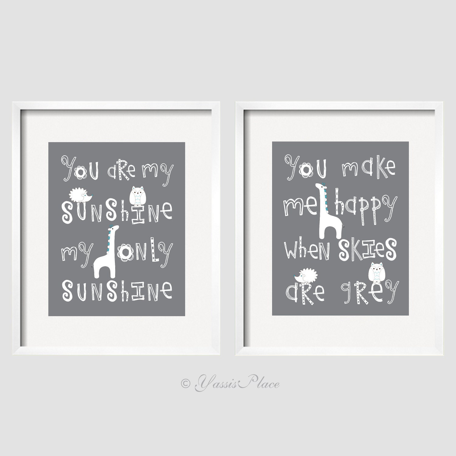 SALE Kids Wall Art You Are My Sunshine Prints in Gray or Chartreusse green and gray Set of two 11x14  Custom Colors Available