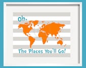 Dr. Seuss Quote Orange Gray Aqua Modern Art Print Typography Poster Nursery Art Print, Kids Wall Art, Playroom wall art-11x14 Oh, The Places