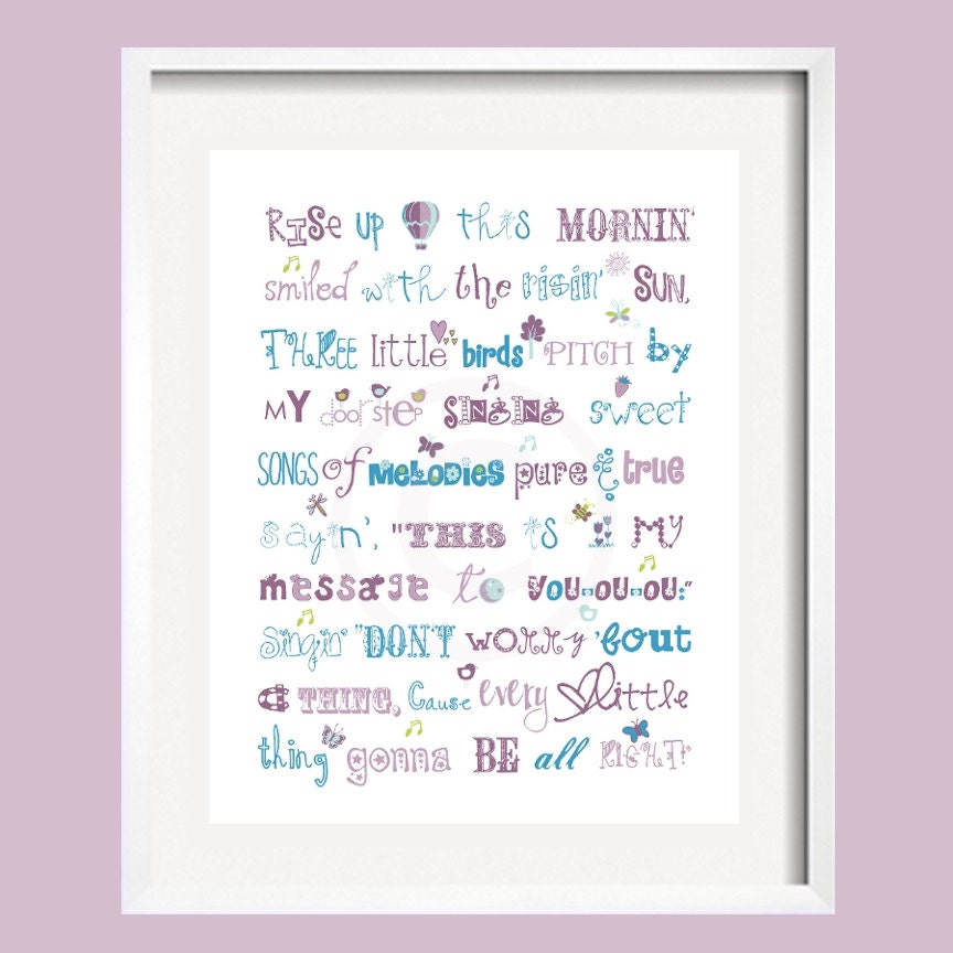 Three Little Birds Bob Marley Print Song Quote in purple, blue and green for Brooklyn bedding 16x20 by YassisPlace, Many Colors