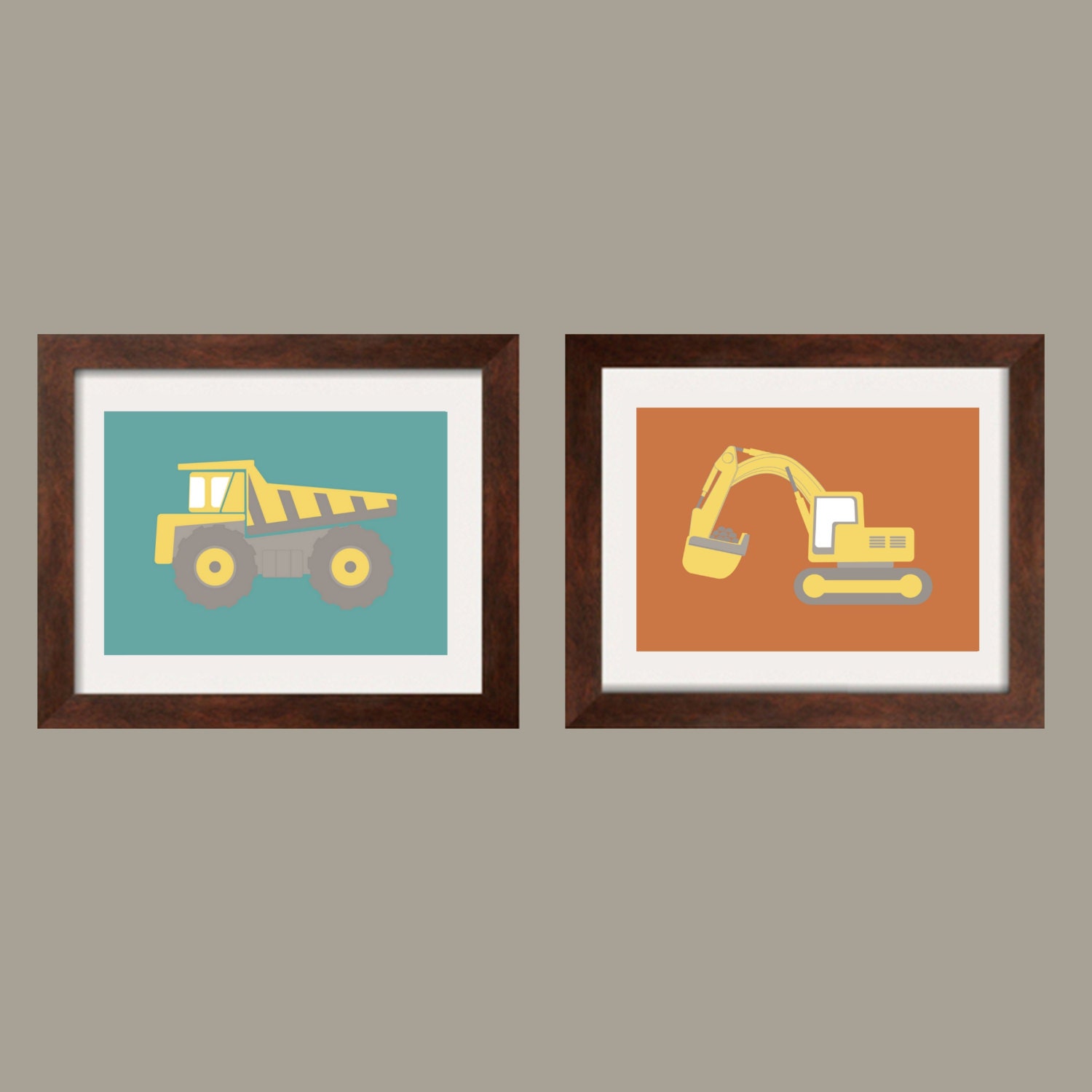 Sale  2 for 1 Construction Decor Nursery Wall Art Toddler Boy prints Set of 2 5x7 in green, rust orange, yellow and gray