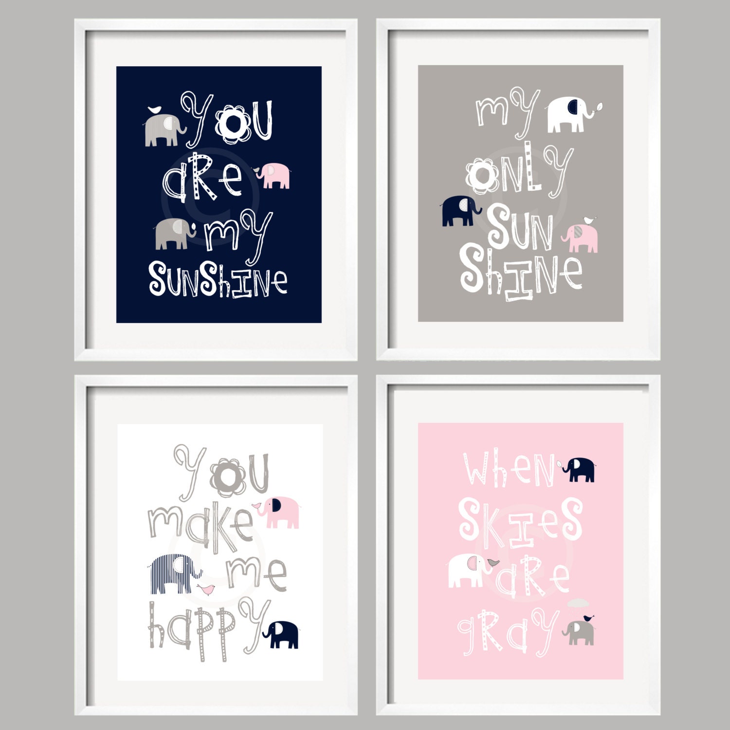 Kids Art Print, Nursery Decor, You Are My Sunshine, Elephants and birds, Children, 8x10, baby shower gift, boy, girl by YassisPlace