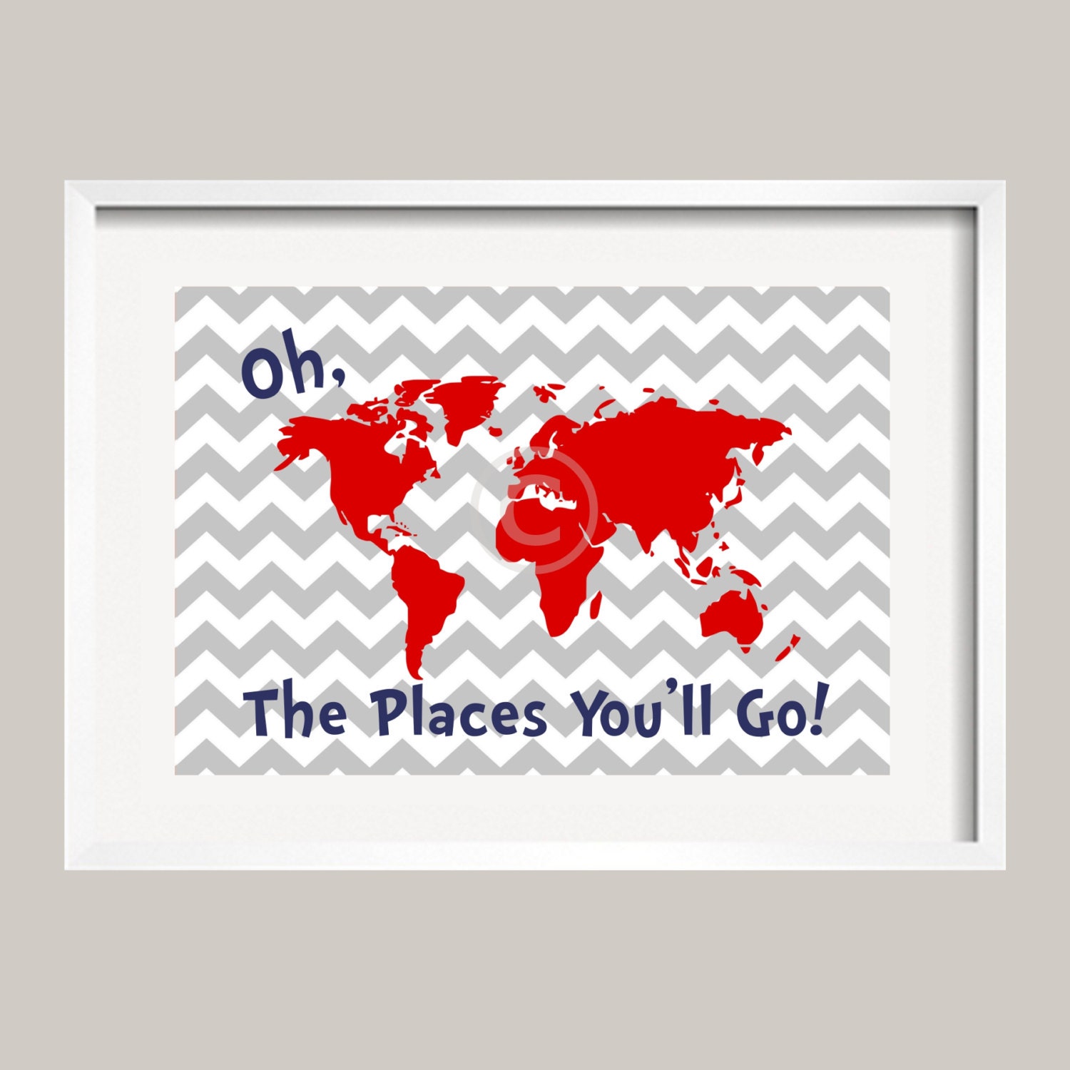 Dr. Seuss Quote Red Gray Navy Modern Art Print Typography Nursery wall decor, Kids Wall Art, Playroom wall art-8x10 Oh, The Places