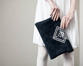 Envelope Bag Geometrical Illusion Leather Suede Dark with White No. EB-1011