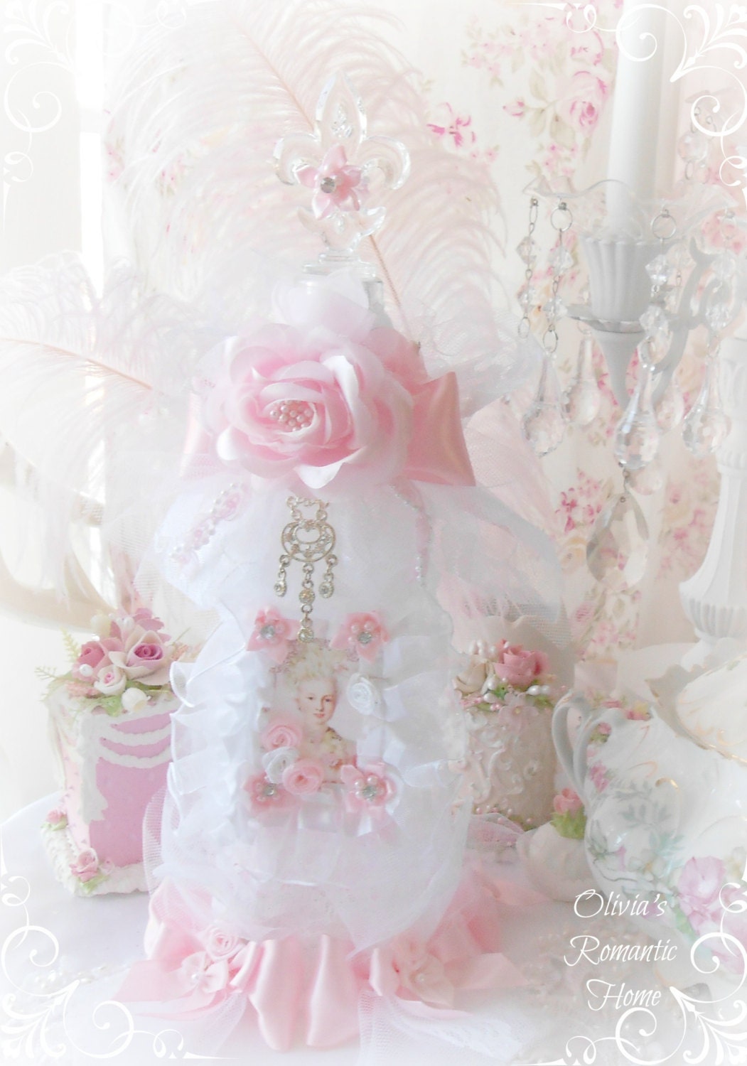 Pink Princess Marie Antoinette Bottle Perfume Pearl White Rose wedding bridal Rose Vintage Lace Shabby Chic French Victorian   SCT