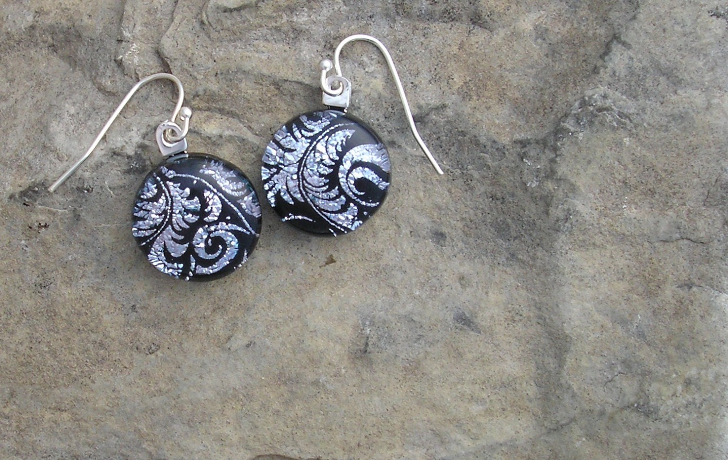 Etched Silver and Black Earrings Fused Dichroic Glass Earrings