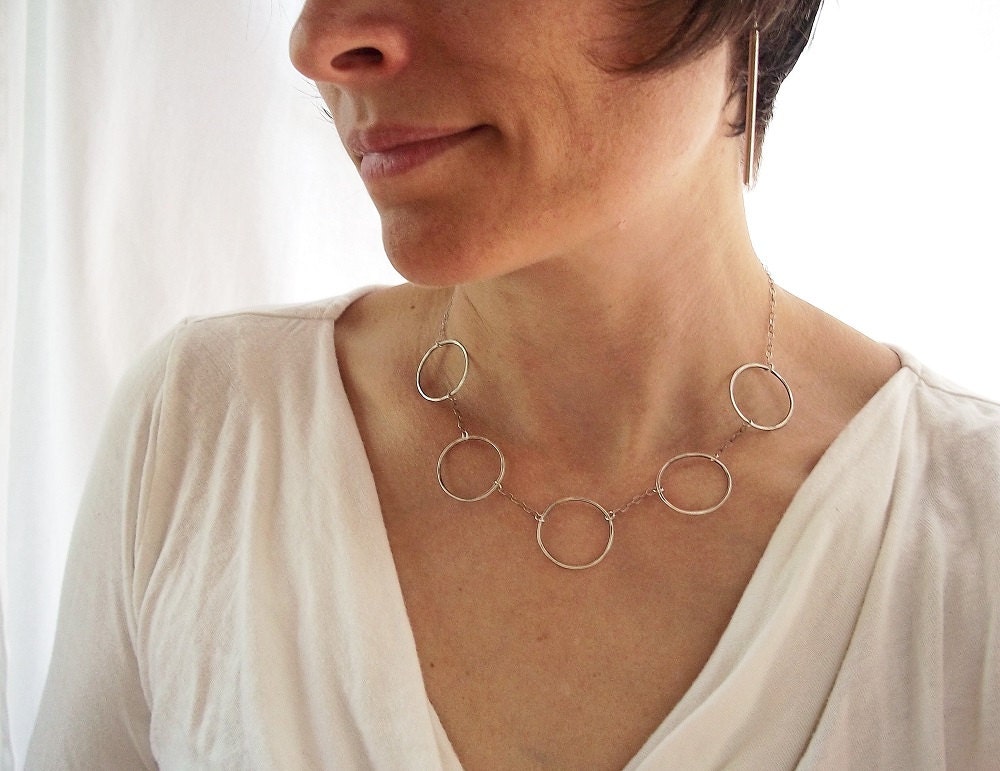 Silver Circle Necklace. Hammered Sterling Circles on Sterling Chain. Modern Jewelry