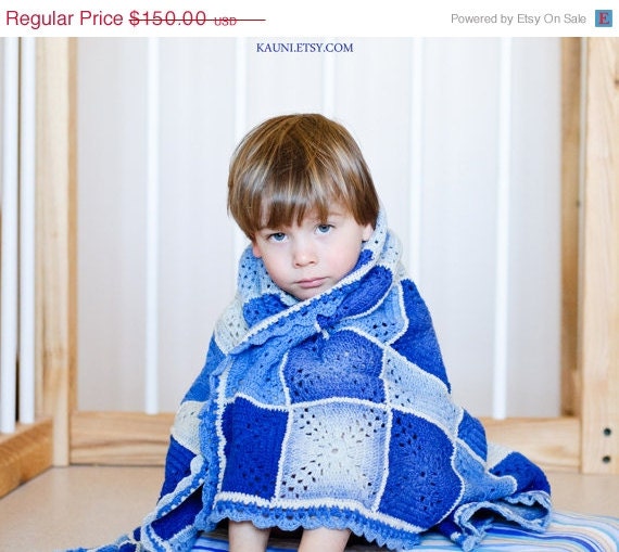 ON SALE Hand Crochet Baby Blanket, Square Afghan for Baby ,Wool, for boy or girl, FREE Shipping Worlwide