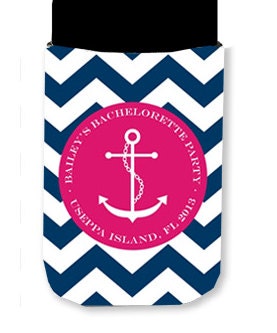 Set of 6 Personalized Koozies with Monogram - Nautical Anchor - Customize Colors- Bachelorette Favors- Bridesmaid Gifts