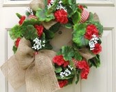 Red Geranium Wreath with Burlap Bow, Spring Wreath, Summer Wreath, Red Wreath, Outdoor Wreath, Front Door Decor