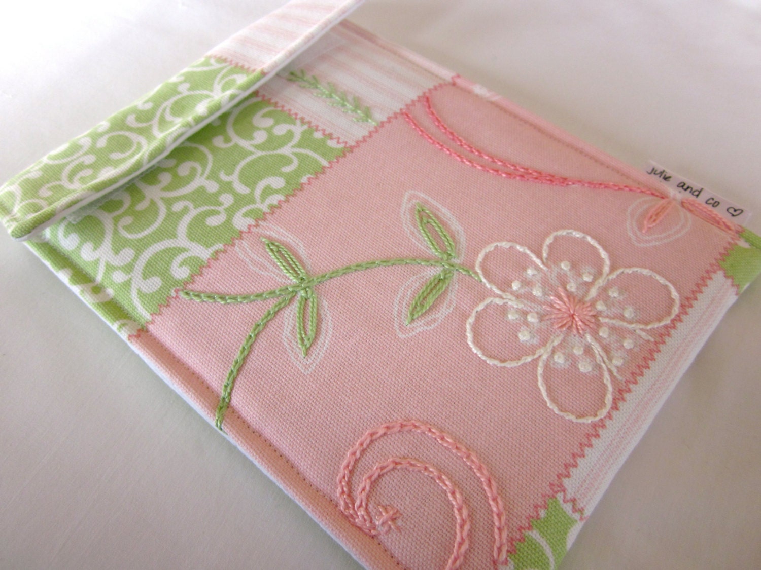 Kindle fire, iPad mini sleeve, new Nook HD case - hand embroidered - pastel pink green white embellished gadget cover feminine girl