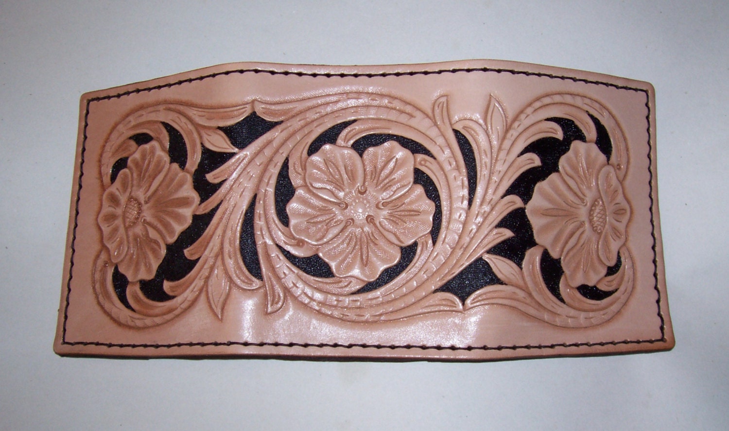 Hand Tooled Leather Floral Deluxe Tri-Fold Billfold