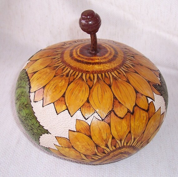 Large gourd box with wood burned sunflowers ink by VestedInterest
