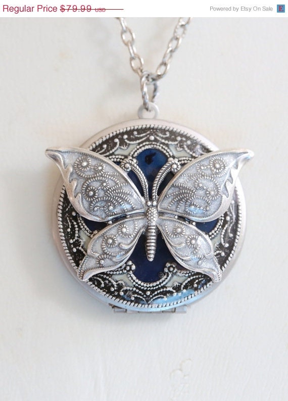 ON SALE Butterfly Silver Locket,Blue Locket,filigree locket necklace,photo locket , vintage locket,Wedding Necklace,bridesmaid necklace