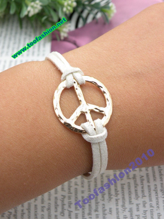 SALE - retro gold double side anti war sign with white feather hand chain bracelet