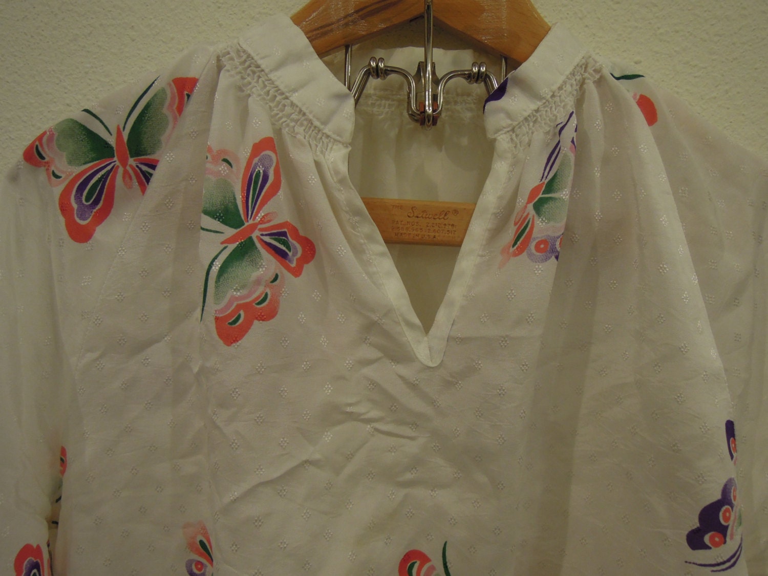 SALE Vtg 1970's-80's Butterfly Watercolor Stencil Print Blouse