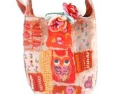 Felted Bag Purse Taupe Pink Orange Patchwork Effect Felt Flowers