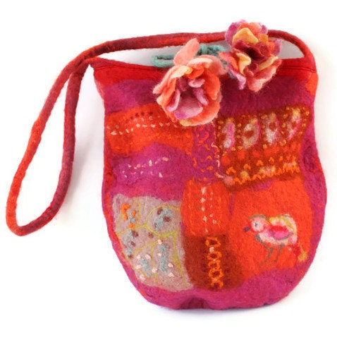 Felt Bag Purse Purple Pink Patchwork Effect Felt Flowers