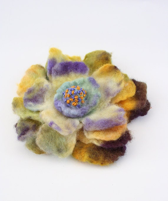 Felted Dyed Flower Pin Brooch - Yellow Lilac Purple