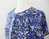 Vintage Silk Blouse Blue Black White Size Medium Large Button Down Short Sleeve Floral