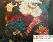 READY TO SHIP - 20 x 20" Designer Pillow Cover - Schumacher Shanghai Peacock in Cinnabar with Teal Trim