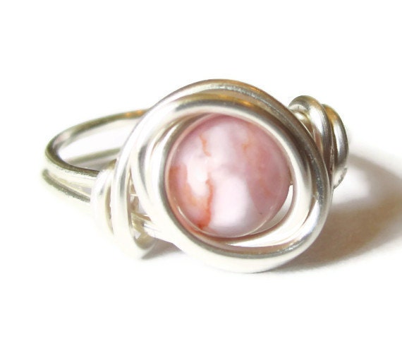 Silver Ring Pink Jasper Gemstone Wire Wrapped Jewelry, Pink Ring
