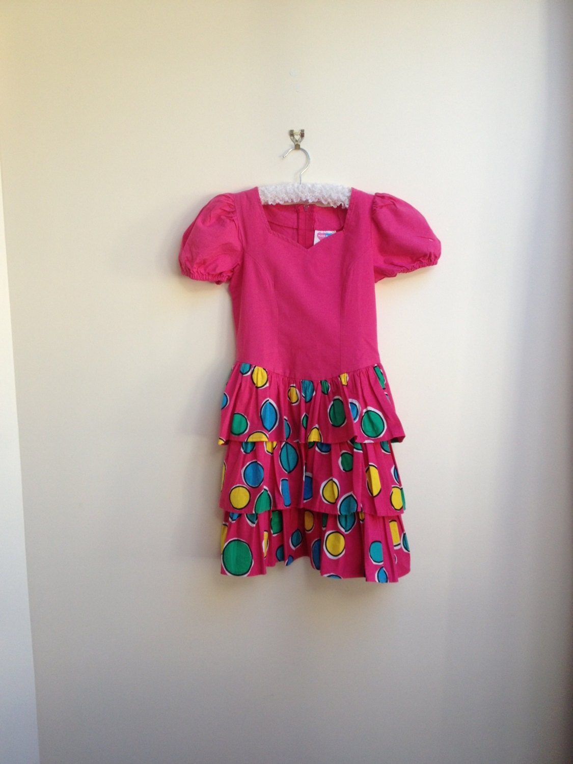 vintage / retro hot pink party dress, match mates bubblegum spot & frill, size 10 girls, womens xs