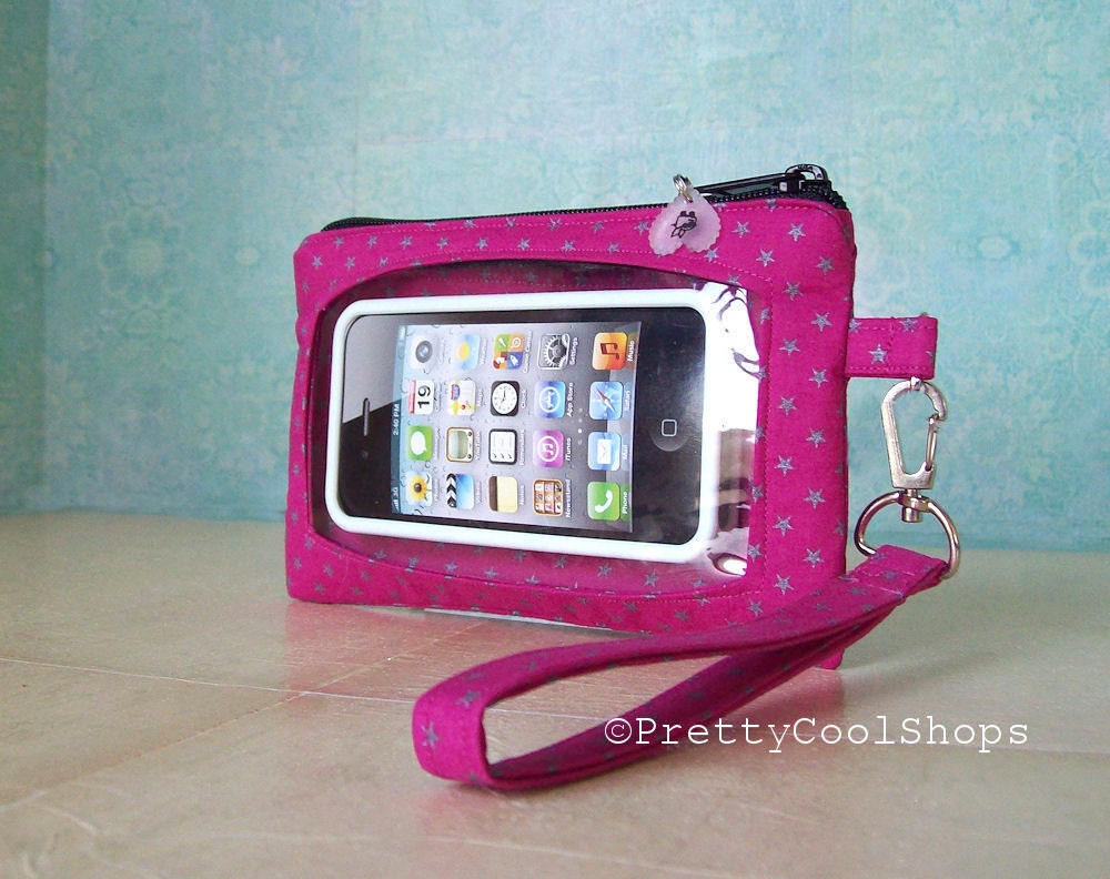 Touch Screen Wristlet, iphone wristlet, cell phone wallet, cell phone wristlet, fuschia hot pink, silver glitter stars, fabric phone case