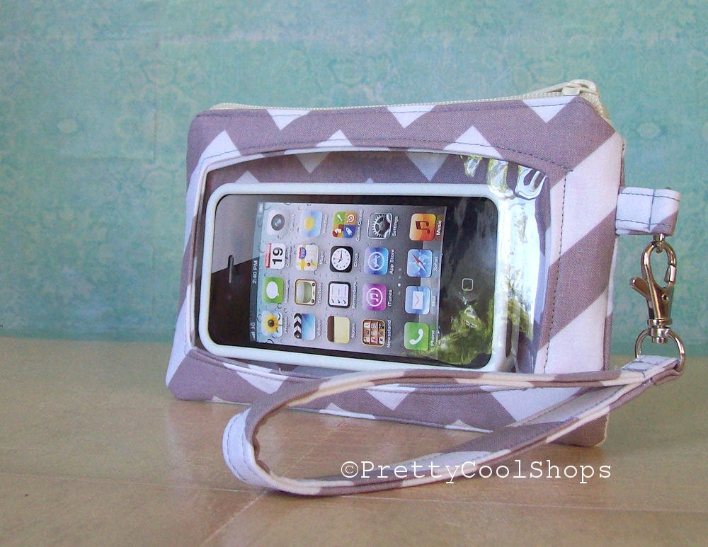 Touch Screen Wristlet, iphone wallet, cell phone wristlet, droid case, fabric phone case, touch screen pocket, grey chevron