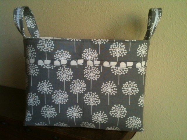 Fabric organizer bin basket -- Gray dandelions