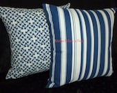 Decorative Throw Pillows - Two 18 inch Decorative Pillow Covers in Blue and Cream