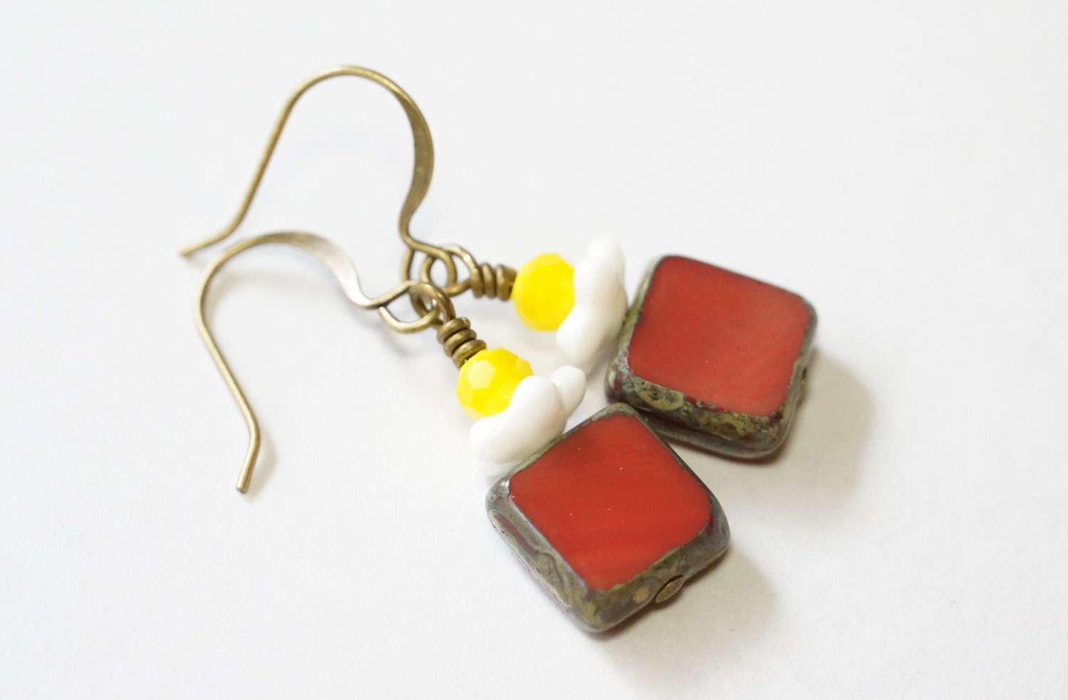 Red Square Earrings, Dangle, Flower Earrings, Czech Glass, Daisy Earrings, Nature Inspired, Gift for Her