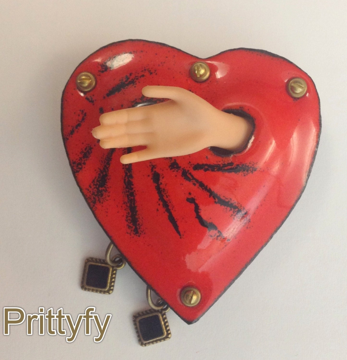 Enameled Heart Necklace Pin Pendant Hot Red