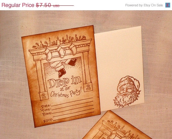 Memorial Day Sale Christmas Party Invitation Card Hand Stamped Drop in at our Christmas Party Sepia Enhanced