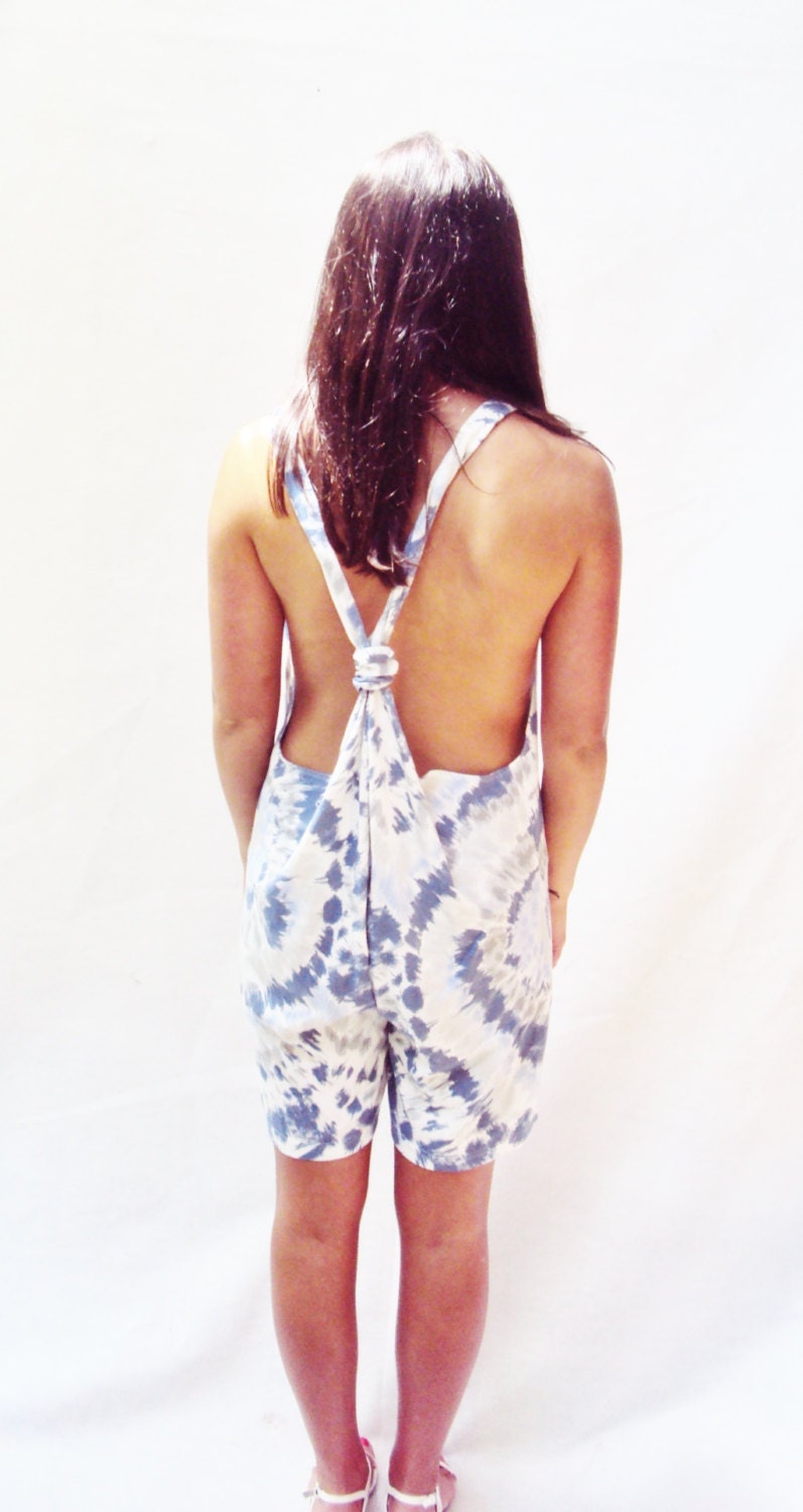 Vintage 80s Tie Dye Romper Dress S M Sm Med Racerback Festival Blue and White